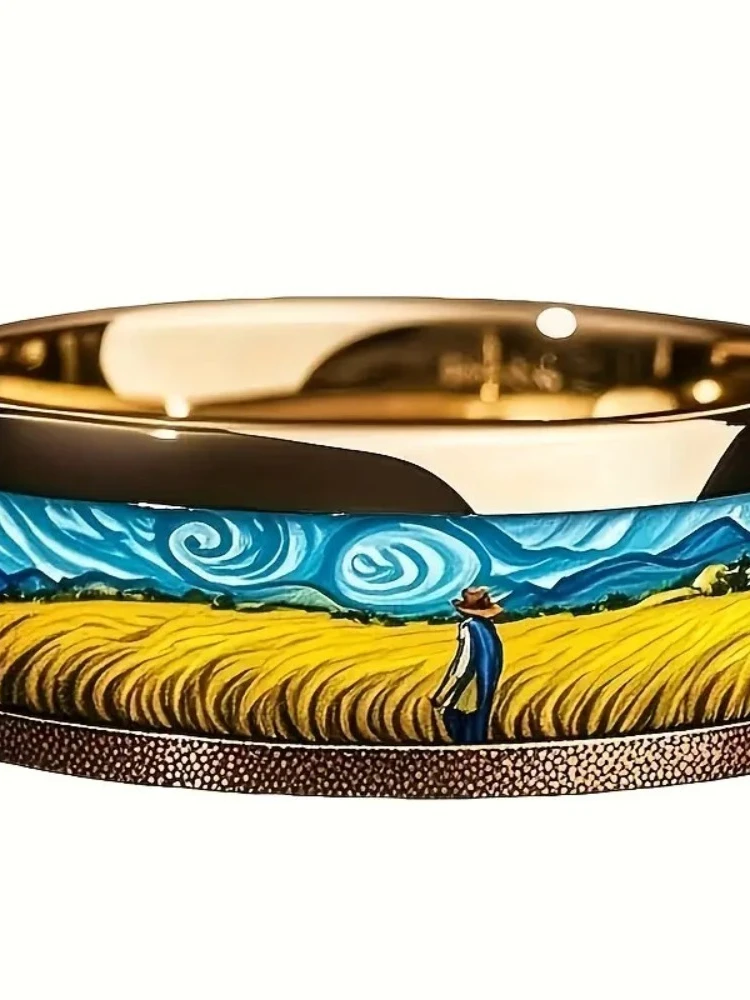 Nouvelles bagues créatives et tendance en acier inoxydable or rose, motif champ de blé et ciel étoilé, pour femmes et hommes, accessoires de bijoux pour doigts