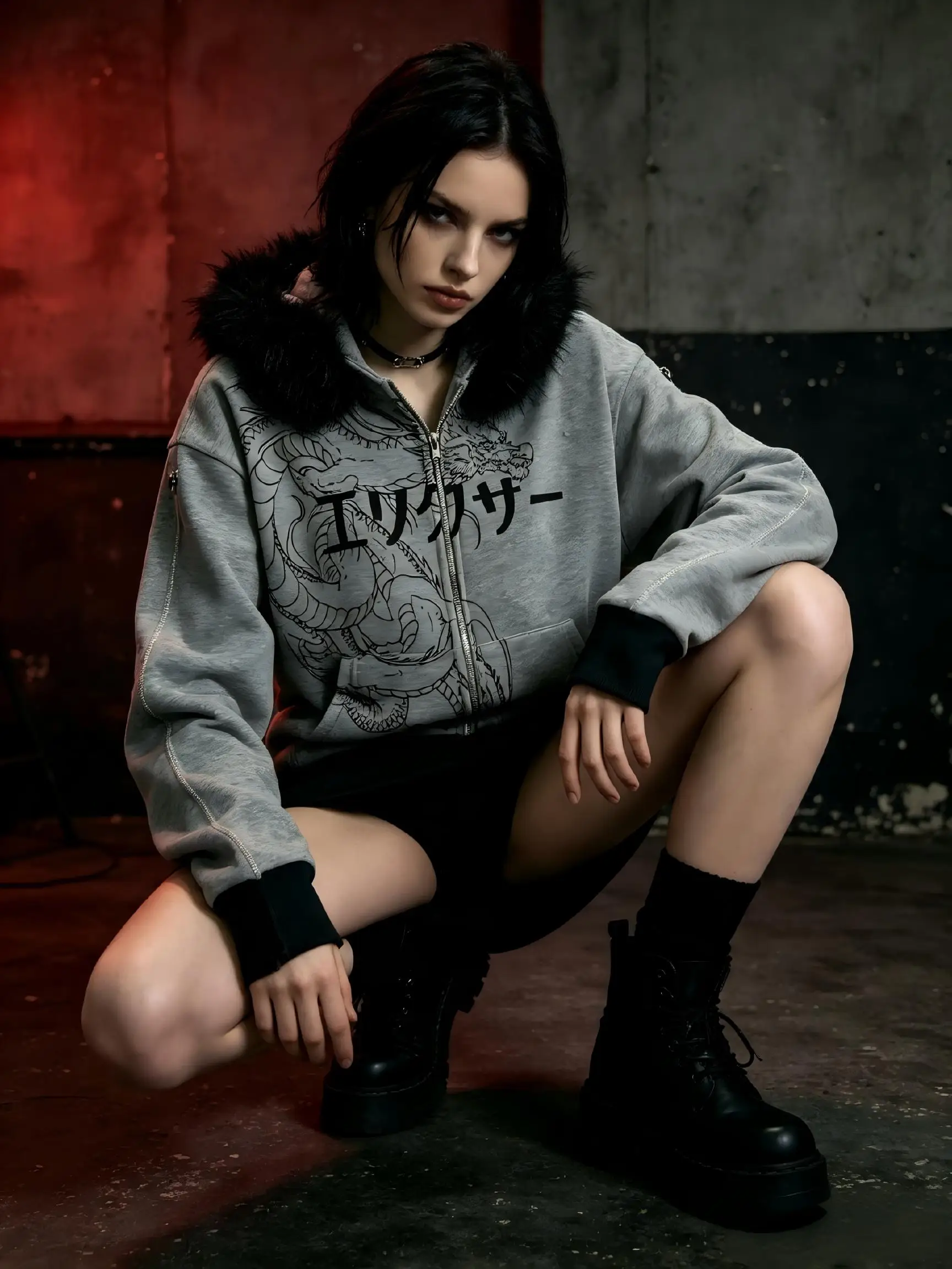 Harajuku style dragon pattern zipper hooded sweatshirt with fur collar street loose long sleeved hooded jacket for men and women