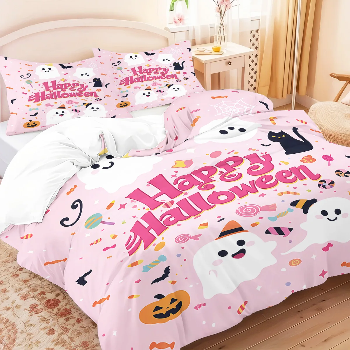 

3pcs Halloween pink ghost pattern duvet cover set, 1 duvet cover+2 pillowcases, no core. Soft and comfortable bedding set