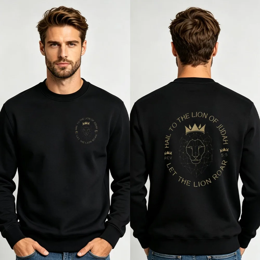 Men Gold Lion of Judah Crown Graphic Double Sided Crewneck Sweatshirt Hail To The Lion Christian Faith Loose Pullover Casual Top