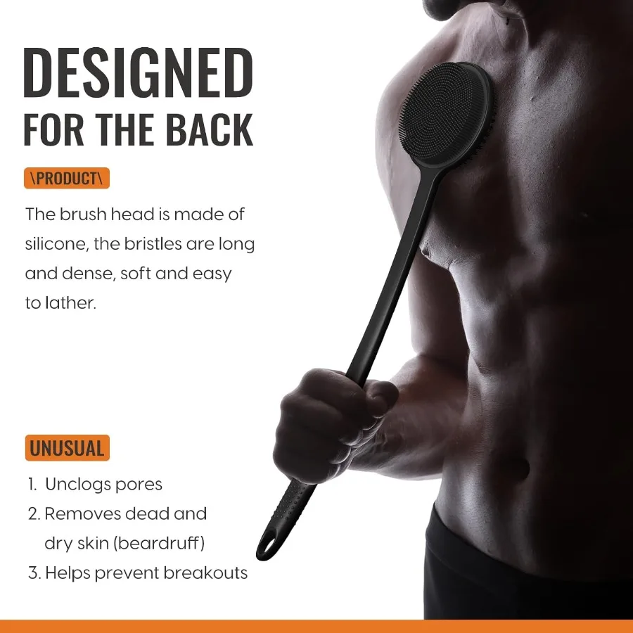 غسيل خلفي من السيليكون للاستحمام بطول 17 بوصة، فرشاة استحمام بمقبض طويل، فرشاة استحمام مزدوجة الجوانب لتقشير الدش وMas