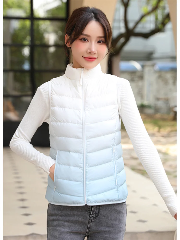 Autumn Winter Warm Gradient Down Waistcoat Jacket Women Ultra Light White Duck Down Vest Lady Short Sleeveless Bigsize Tank Coat