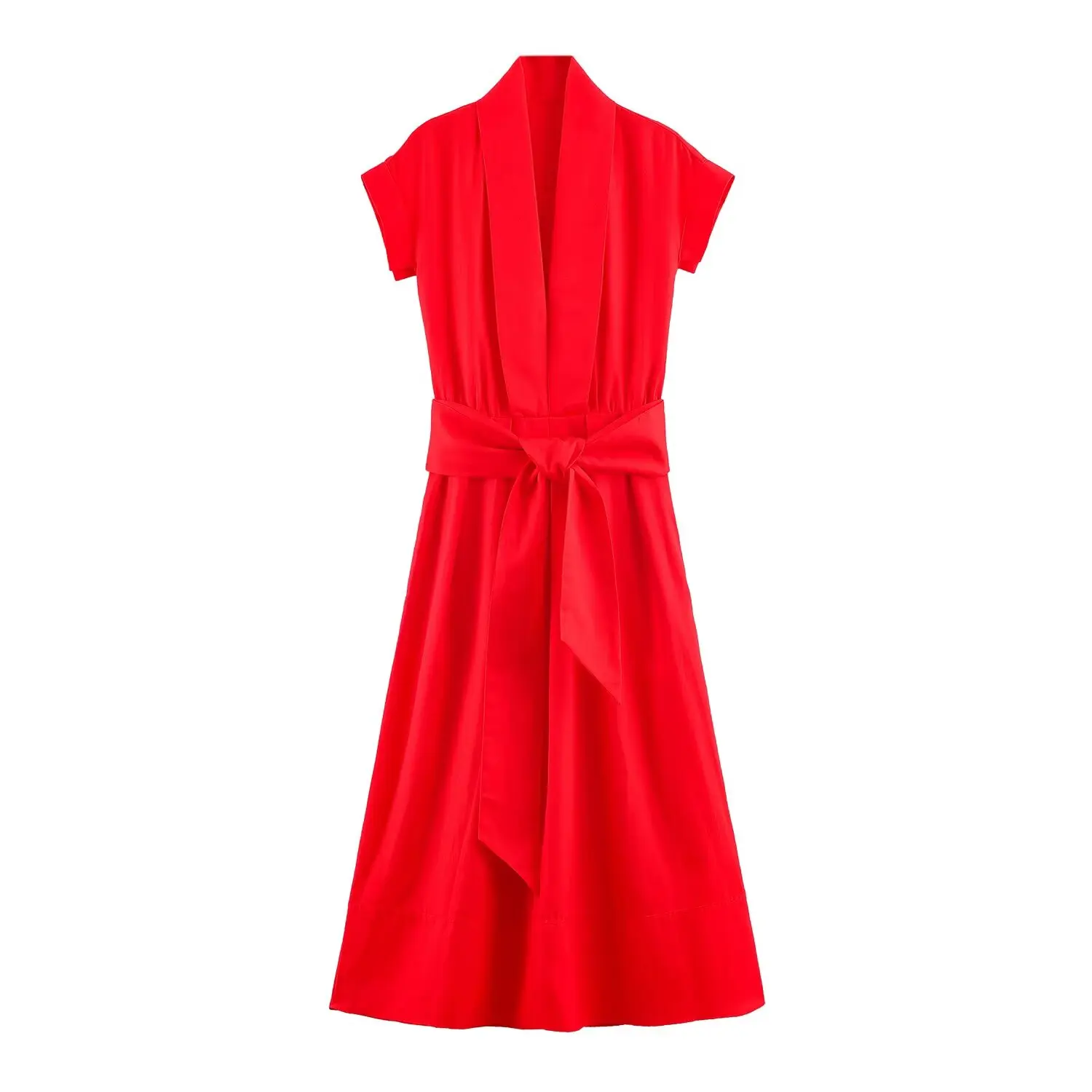 BSAY 2026 Damen V-Ausschnitt Kurzarm Midikleid mit Selbstbindegürtel, Hemdstil A-Linie Einfarbig Elegantes Sommer Casual Langes Kleid – Detail 3