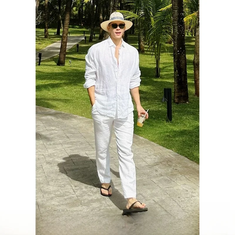

Large Size Linen Men's irt And Pants Set White Sun Protection Casual High Waist Trousers Four Seasons Wear Comfortable Fit