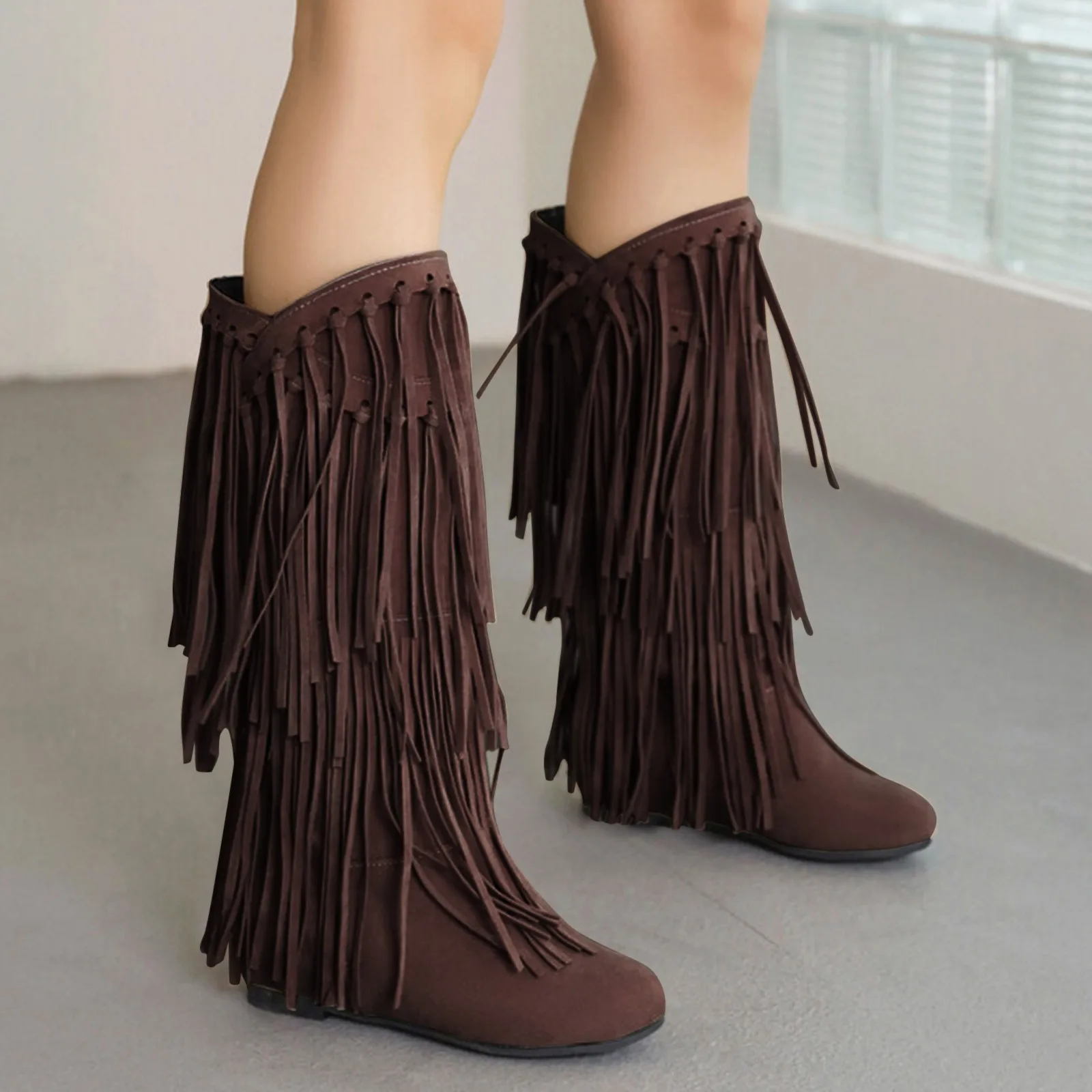 Women\'s Fringe Boots 2023 Winter New Western Boots Round Toe Flats Suede Solid Cool Internal Elevation Boots Dressy Daily Shoes