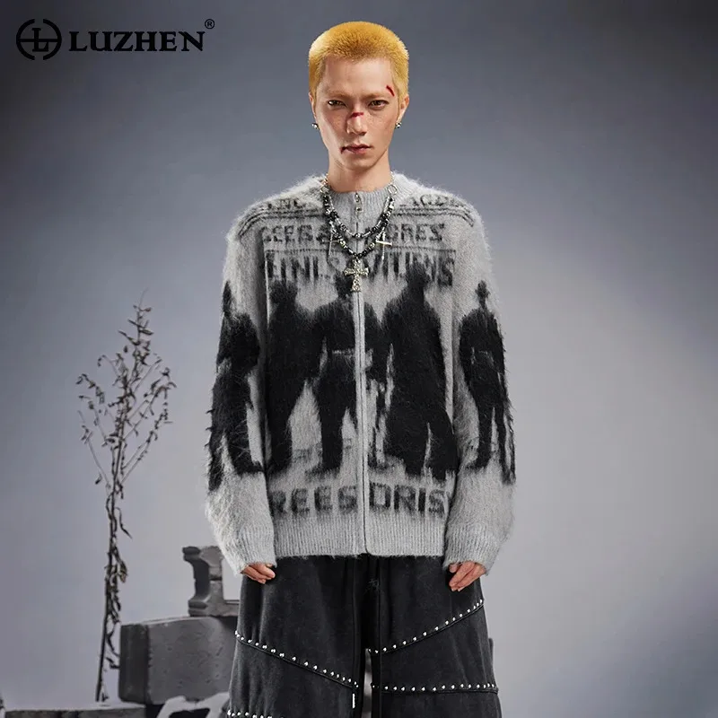 LUZHEN 2026 Winter Trendy Original Printed Pattern Wool Knitted Cardigan Men Stylish Handsome Long Sleeve Zipper Sweater JY9504