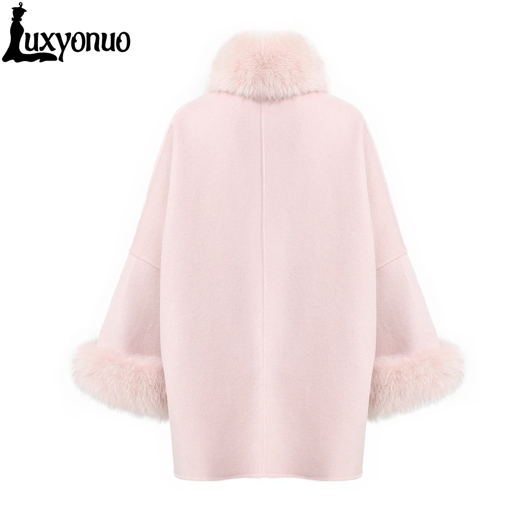 Luxyonuo Cashmere Wool Coat Winter Jacket Women Natural Fox Fur Collar Scarf Collar Removable Loose Outerwear Streetwear New