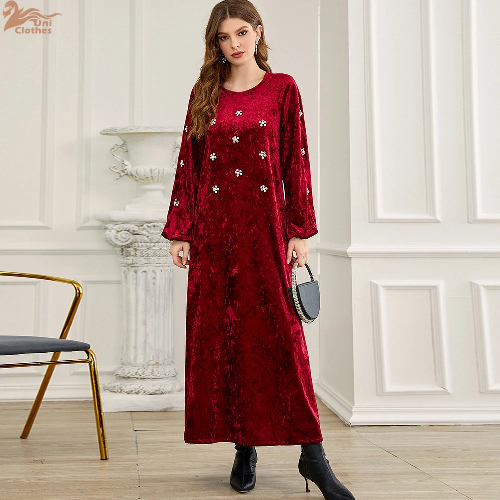 Autumn Winter Velvet Evening Party Dresses Fashion Diamonds Elegant Abayas Long Sleeve O-Neck kabaya Saudi Dubai Gown