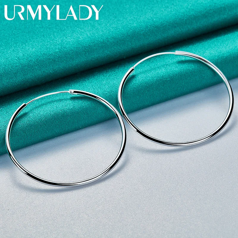 

URMYLADY 925 Sterling Silver 50/60mm Smooth Round Earrings For Women Wedding Paty Fashion Charm Jewelry