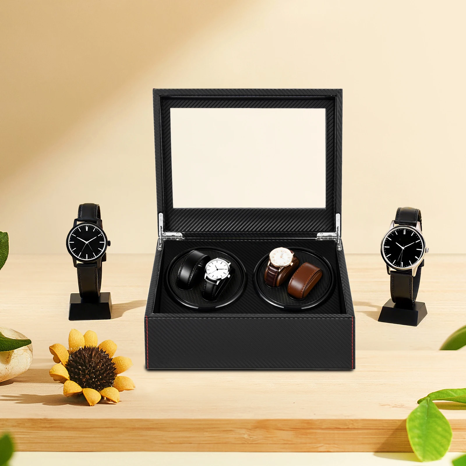 Luxury Watch Winder Box - 4+6ウォッチワインダー、高級自動2モーターウォッチワインダーPUレザーディスプレイケース収納、超静音、女性と男性に最適