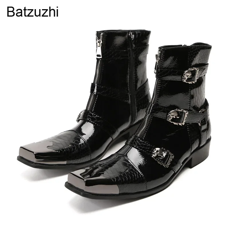 Batzuzhi Black Leather Men's Boots Punk Rock Men Boots Square Toe Zip Silver Cap Head Motorcycle Boots Men, Big Size 38-46!