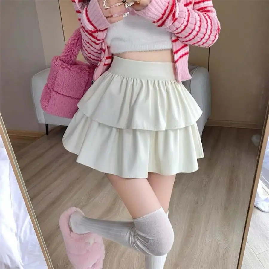 

PU Leather Mini Skirt Women High Waist Gothic Ruffled Sexy Cake Fluffy Skirt Autumn Winter Fashion Streetwear Female Clothes