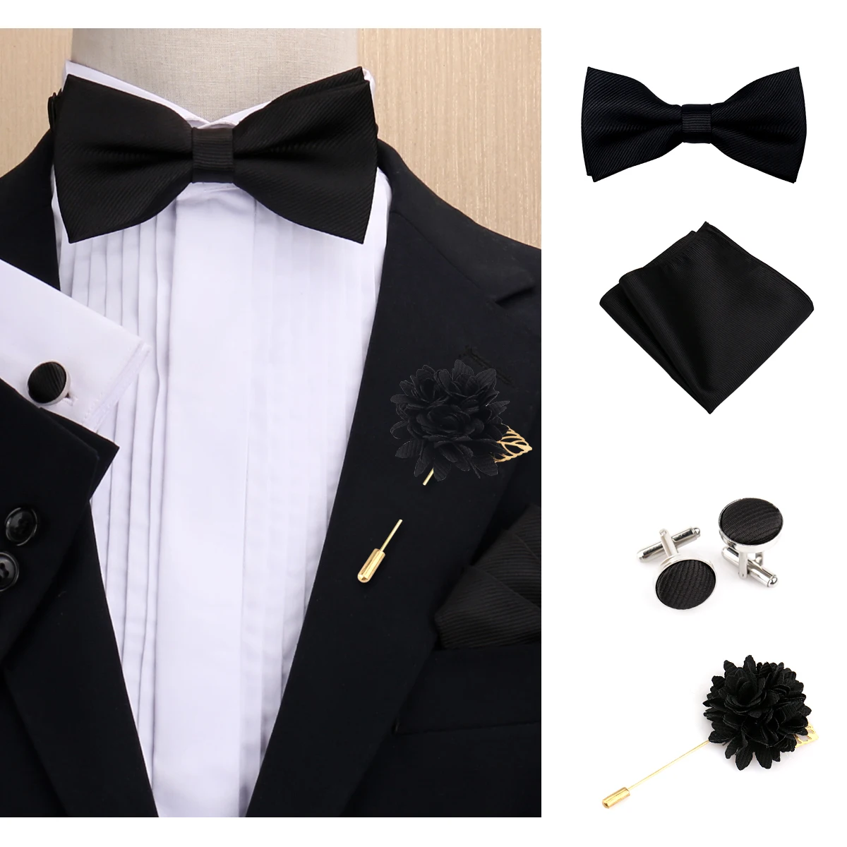 Fashion Solid Color Bowtie Set For Men Bow Tie Handkerchief Cufflinks With Floral Brooch Suit Wedding Business Mens Accessories
