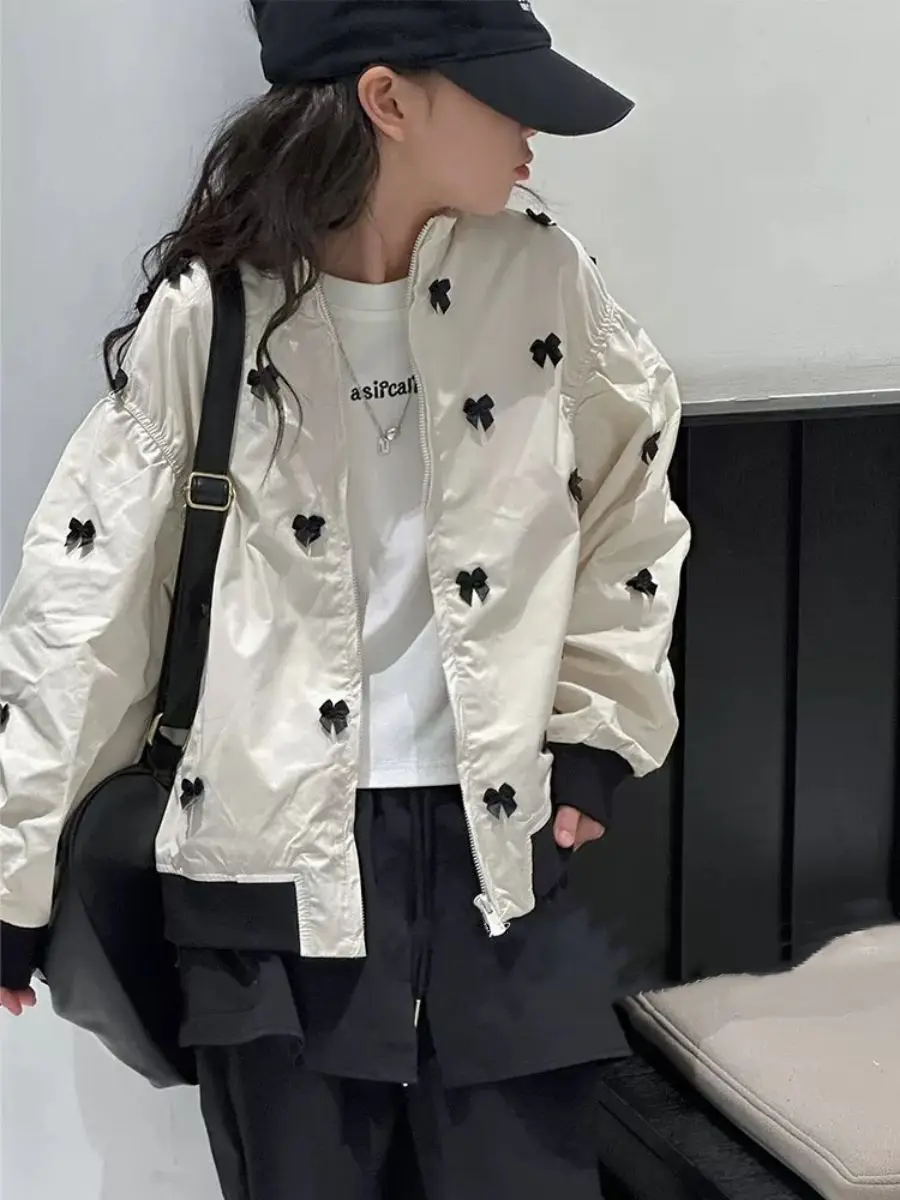 

Girls Autumn 2025 New Mid-sized and Older Children's Fashion Versatile Bow Jacket Jacket Spring and Autumn Top Trendy