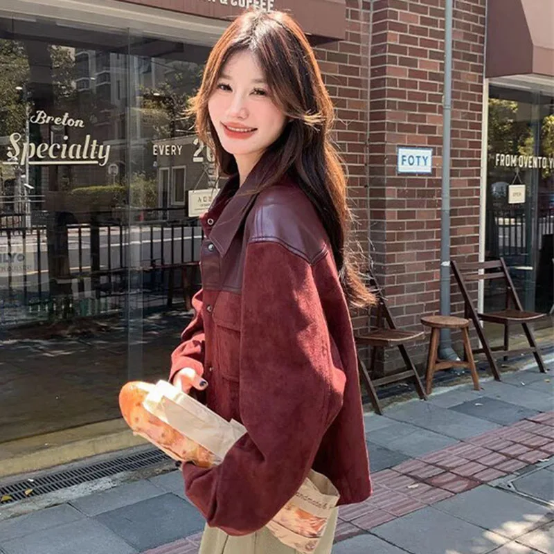 Emenda jaqueta de couro superior feminino casaco de couro do plutônio 2025 outono nova imitação feminina pele de veado retalhos jaquetas de couro