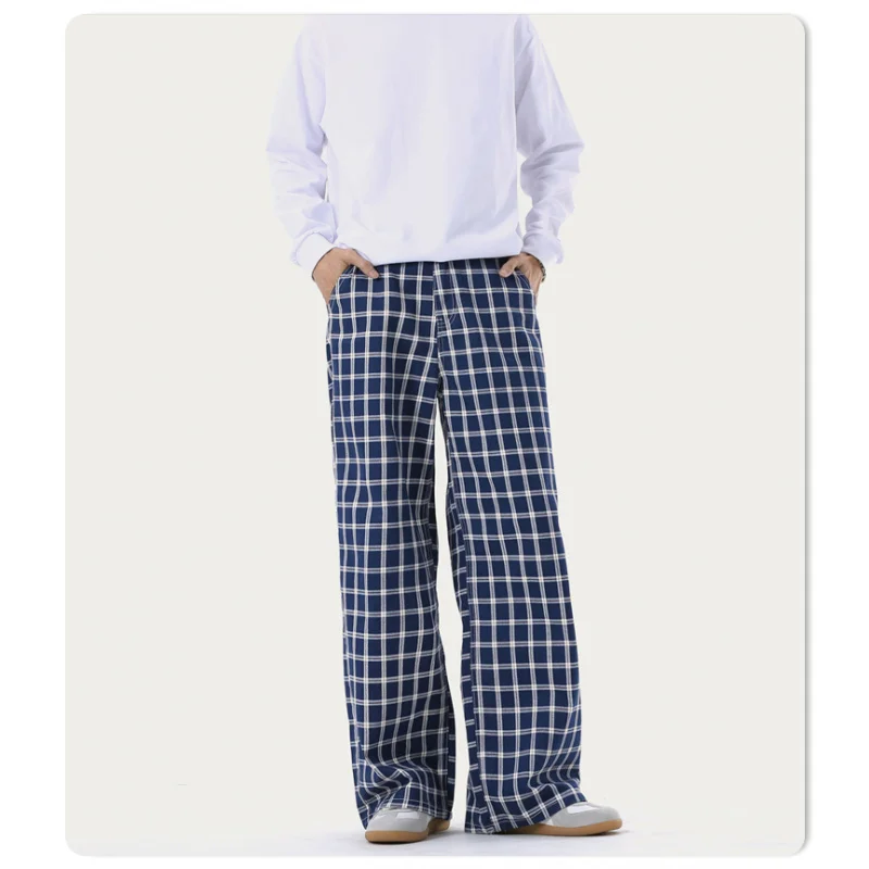 

New Artistic Plaid Casual Drape Loose And Lazy Style Versatile Wide Leg Straight Tube Design Floor Length Pants For Men