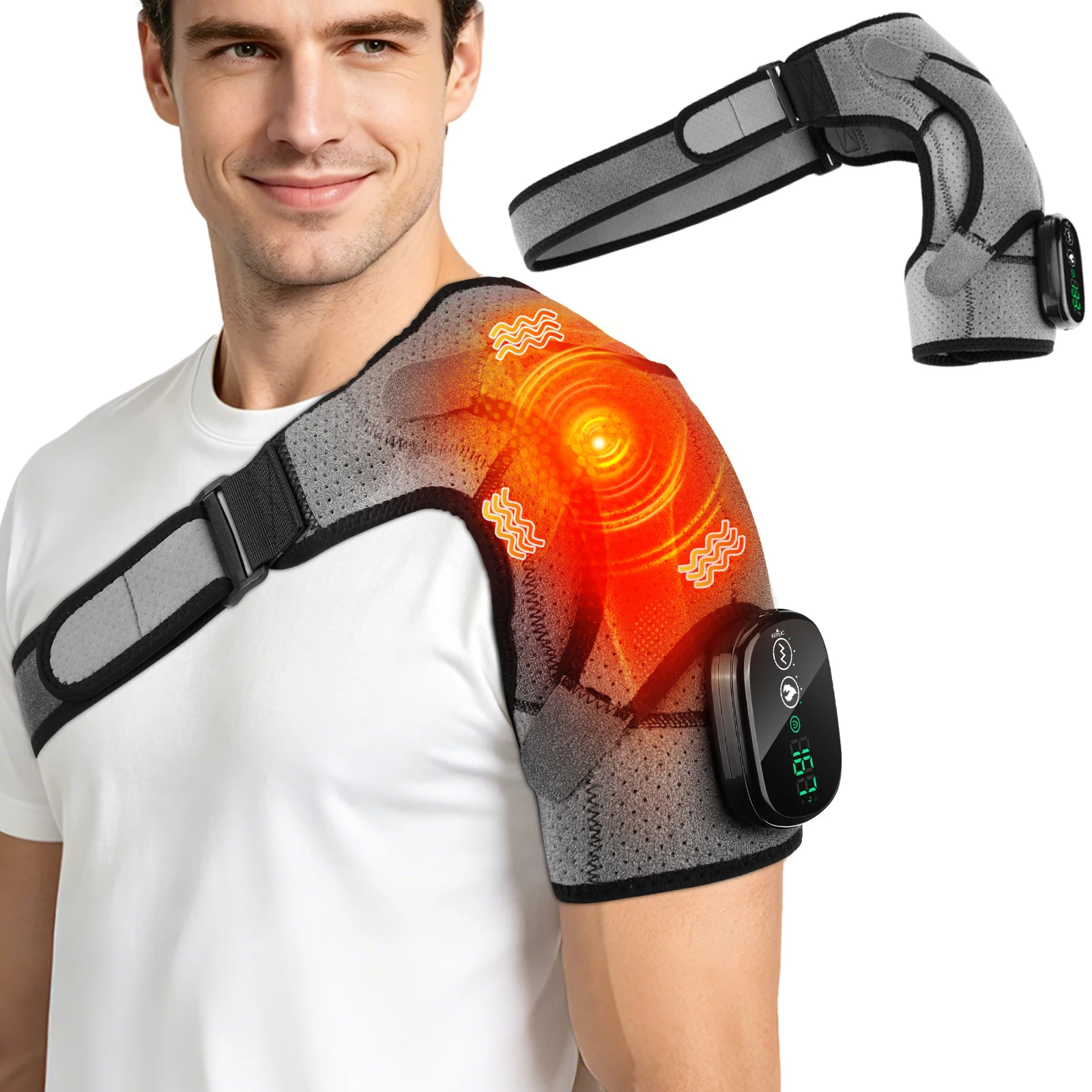 Heated Shoulder Wrap with Vibration Massage, 3 Heat & 3 Massage Levels, Touch Control, 5000mAh Rechargeable USB-C