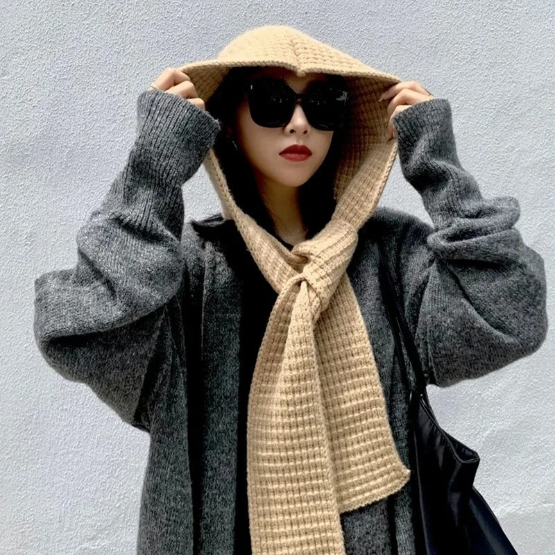 

Fashion Balaclava Scarf Hat Women's Knitted Hood Scarf Warm Earmuffs Cap Woolen Pullover Hat Neck Collar Scarf Cap Ski Bonnet