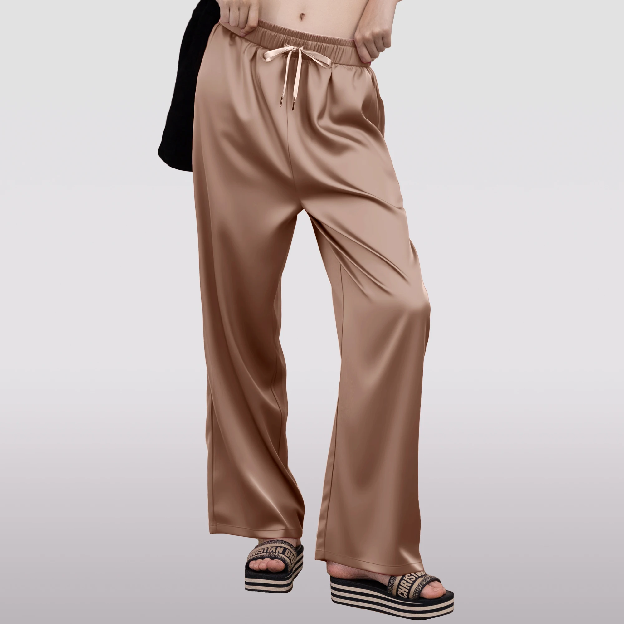 

Light Luxury Women's Silky Wide-leg Pants Summer Straight Drape Satin Straight Trousers with Pockets 2025 Daily Casual Outfits
