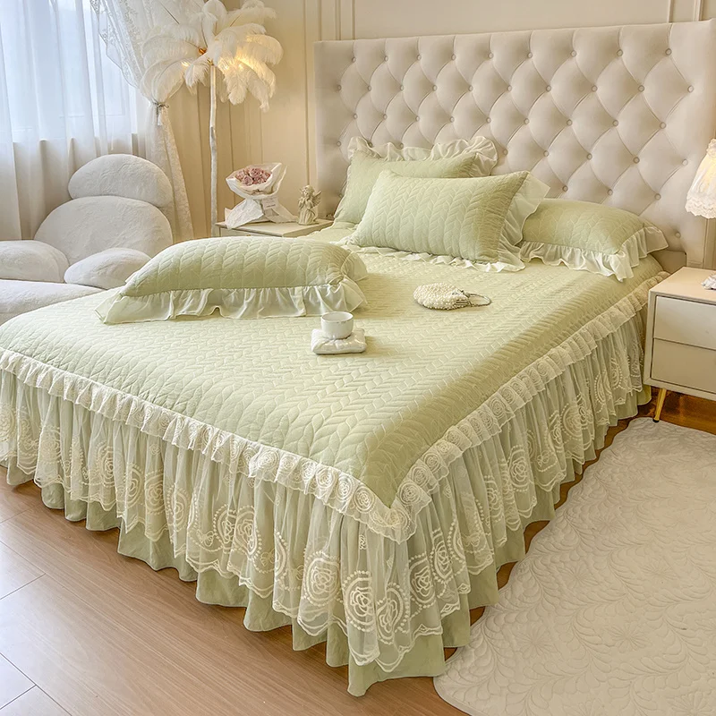 AI WINSURE-Washed Cotton Bed Cover with Pillowcase, Chic Lace Ruffles Bed Skirt, Quilted Bedspread, Queen, King Size, 3pcs