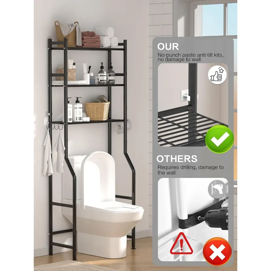 3-Tier Over The Toilet Storage, Space Saver Metal Bathroom Shelves, Freestanding