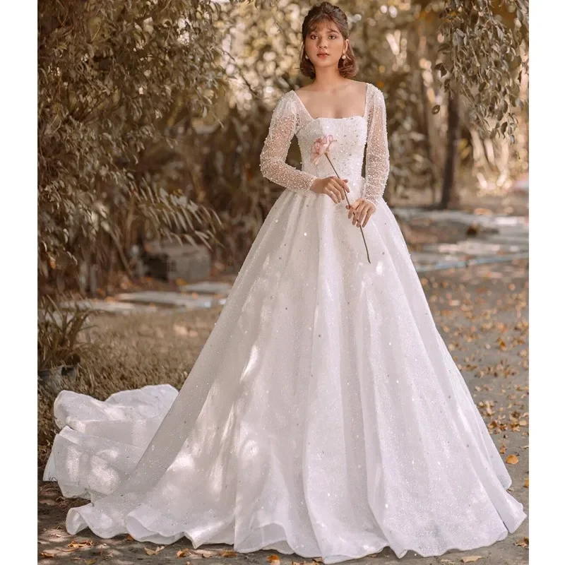 

Customized New Retro Luxurious A-Line Lace Arab Aso Ebi Wedding Dress Sexy Backless Round-Neck Long-Sleeved Bridal Party Dress