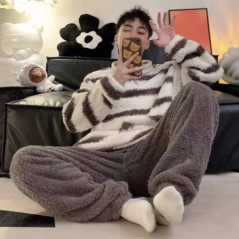 Couple Pajamas for Men Fleece Winter Sleepwear Korean Sleeping Night Wear Striped Pijama 2 Pcs Pants Sets O-neck Warm Home Suit