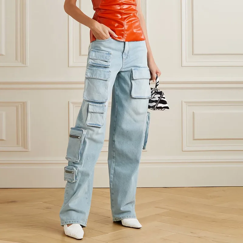 Fracht Jeans Frauen Light Blue Zipper Fly Gerade Denim Hosen mit Taschen 2023 Sommer Outfits Y2K Kleidung High Street Hosen