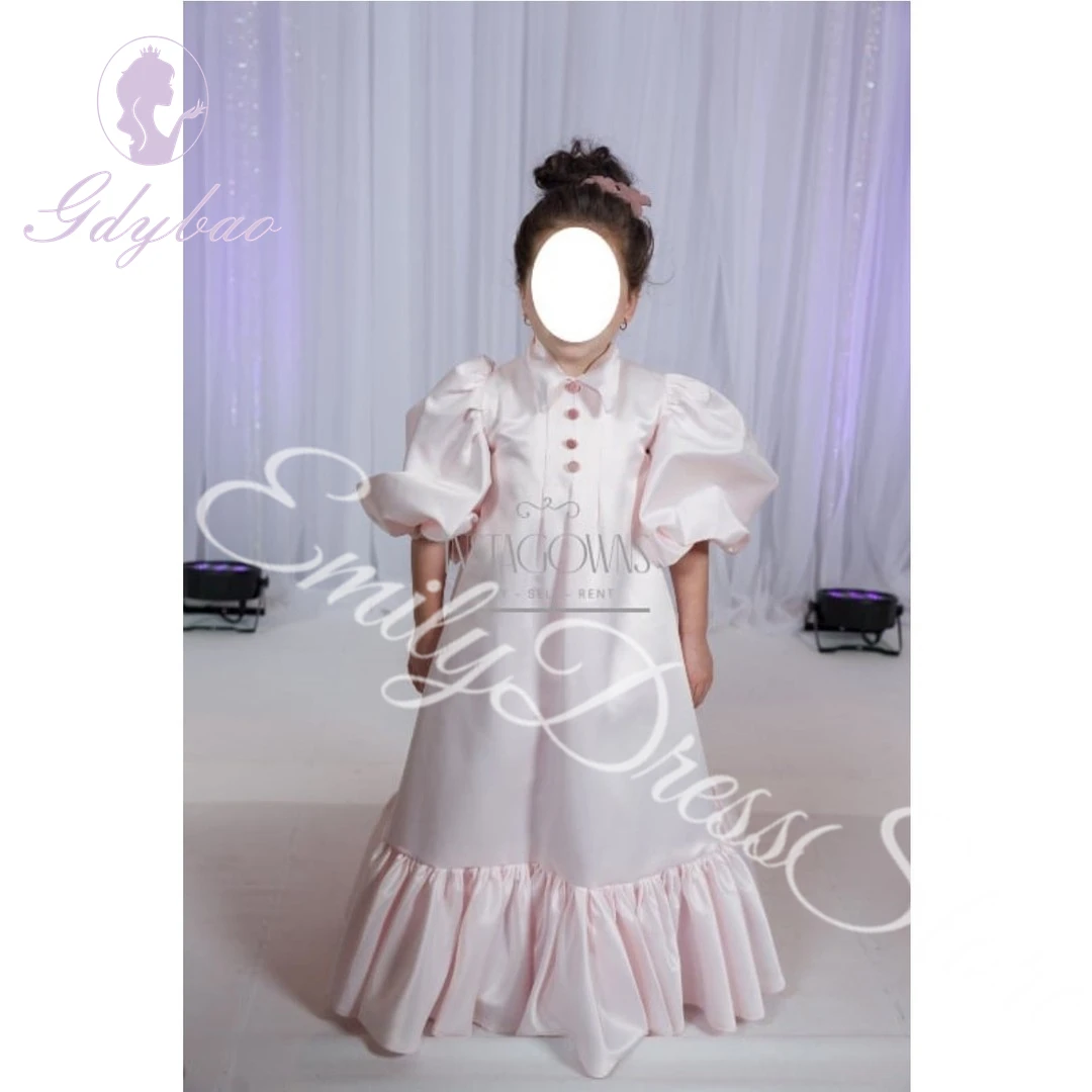 

Customized Bridesmaids Pink Flower Girl Dress For Wedding Pleated Satin Puffy Princess Kids Birthday First Communion Ball Gown