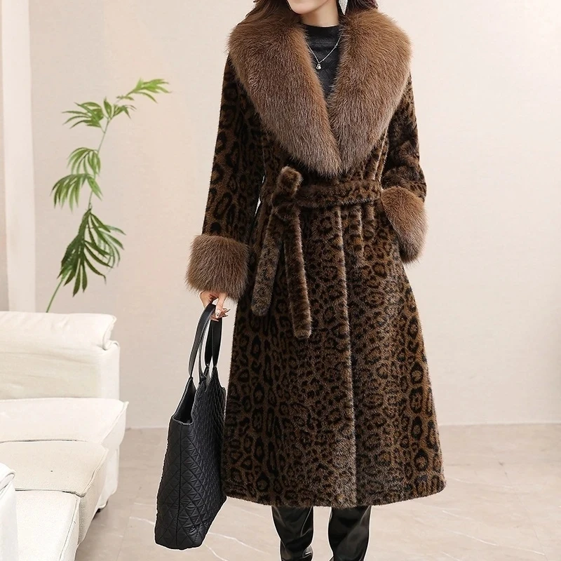 

Winter New Leopard Print Faux Mink Coat Fashion Temperament Long Thicken Warm Fur Collar Fur Overcoat High End Women Jacket 4XL