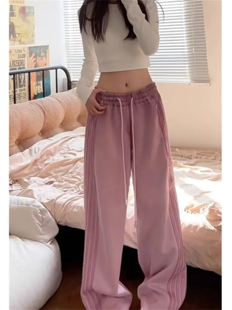 กางเกงขายาวทรงตรงสไตล์อเมริกันสำหรับผู้หญิง ลายทางสีชมพู กางเกงลำลองสำหรับฤดูใบไม้ร่วงและฤดูหนาว ทำจากผ้าถัก