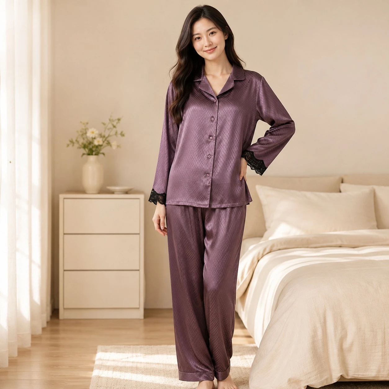 Women 16 Momme 100% Mulberry Silk Pajama Set Spring Autumn Jacquard Long Sleeve Long Pants 2 Piece Outfit Lace SLoose Loungewear