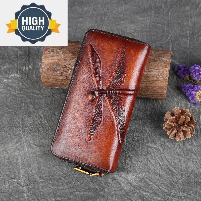 

Leather Long Genuine Wallet for Women Purse ID/Credit Card Cash Holder Dragonfly Retro Designer Female Cowhide Money Clutch Bag