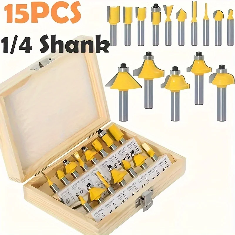 15pcs1/4inch Router Bit Set Trimming Straight Milling Cutter Wood Carbide Cutting Woodworking Professional Craftsmanship Tools