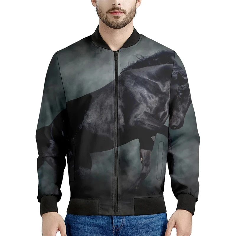 

New Men's Coat Horse Pattern 3d Print Fashion Street Long Sleeve Homber Jackets Casual Flight Jacket Outdoor Stand Collar Tops