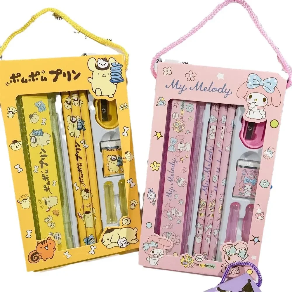 Zestaw artykułów papierniczych w stylu Sanrio, urocze postacie z kreskówek, gumki do mazania i temperówki, pudełko prezentowe, nagroda dla ucznia.