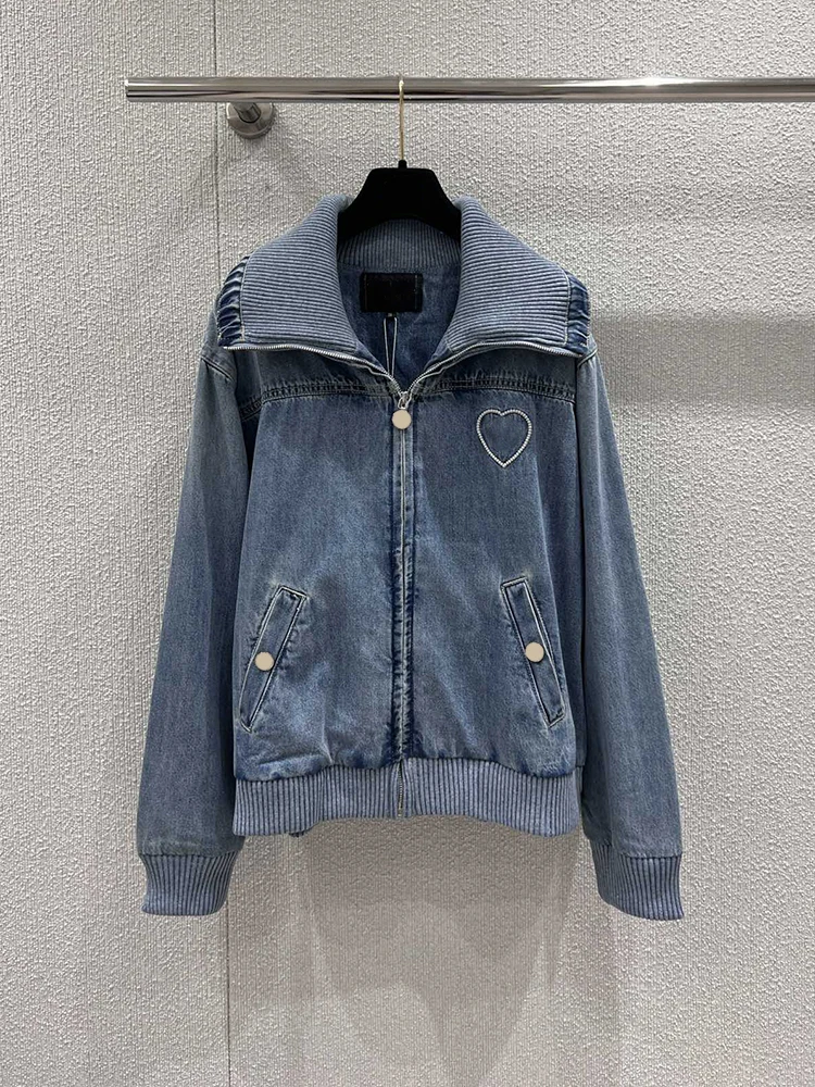 

Spring Summer Fashion Daily Casual Loose Cowboy Jacket Women's Turn-down Collar Nail Bead Button Pocket Long Sleeve Jacket
