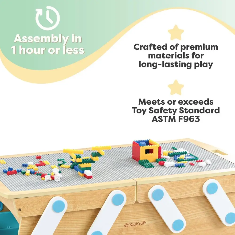 Natural Wooden Play Table with Storage Bins and Over 200 Building Blocks for Kids Ages 3+