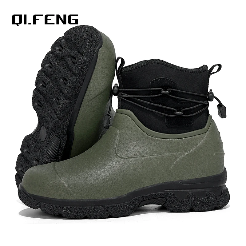 Men\'s Rain Shoes Leather Top Thick Sole High Top Anti Slip Water Shoes Outdoor Mountaineering Plush Warm Boots Work Safety Boots