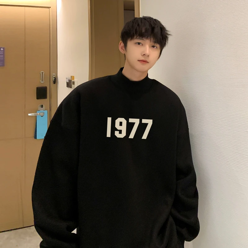 

Thiened f-High Collar Men's Sweatirt Spring Autumn Fce Warm Top Letter Print Overhead Clothes Men's Base irt