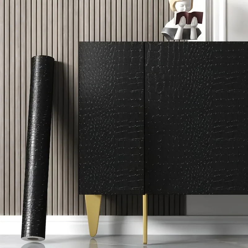 PVC Black Crocodile Leather Wallpaper - Self-Adhesive 3D Embossed Peel & Stick Waterproof Luxury Wall Covering for Feature
