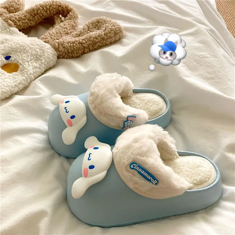 Cartoon Cinnamoroll My Melody Kuromi Winter Thick-Soled Waterproof Furry Slippers Kawaii Detachable Warm Couple Home Shoes