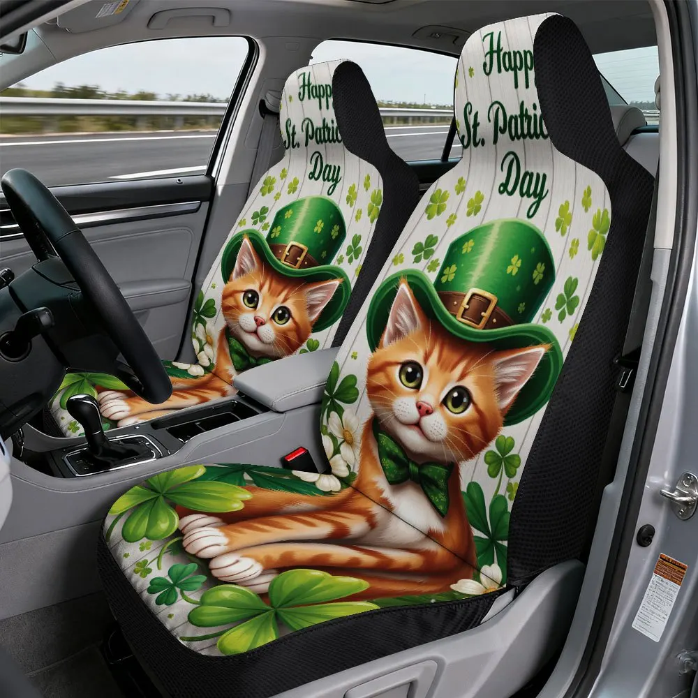 2D Flat Printing, 2pcs, Decorative St Patricks Cat Clover Charm Style Car Seat Covers, Washable Soft Fabric, Universal Fit Adds