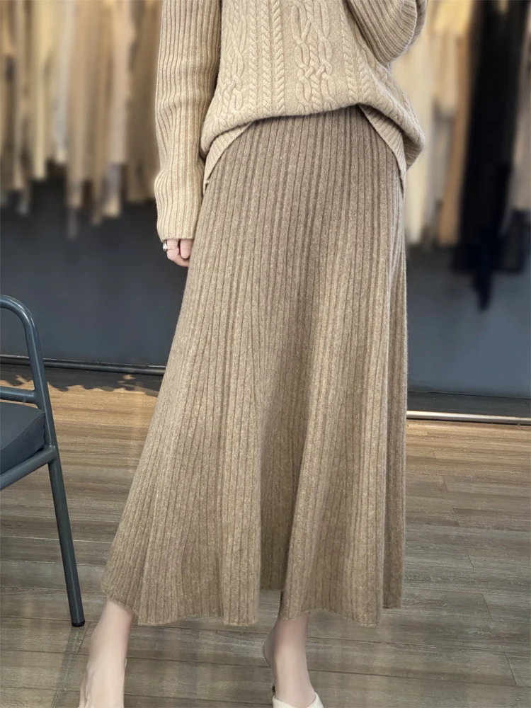 Women’s Wool Skirt Grace Autumn Winter 100% Merino Wool Knitted Long Pleated Skirts High Waist A-Line Cashmere Comfortable Dress