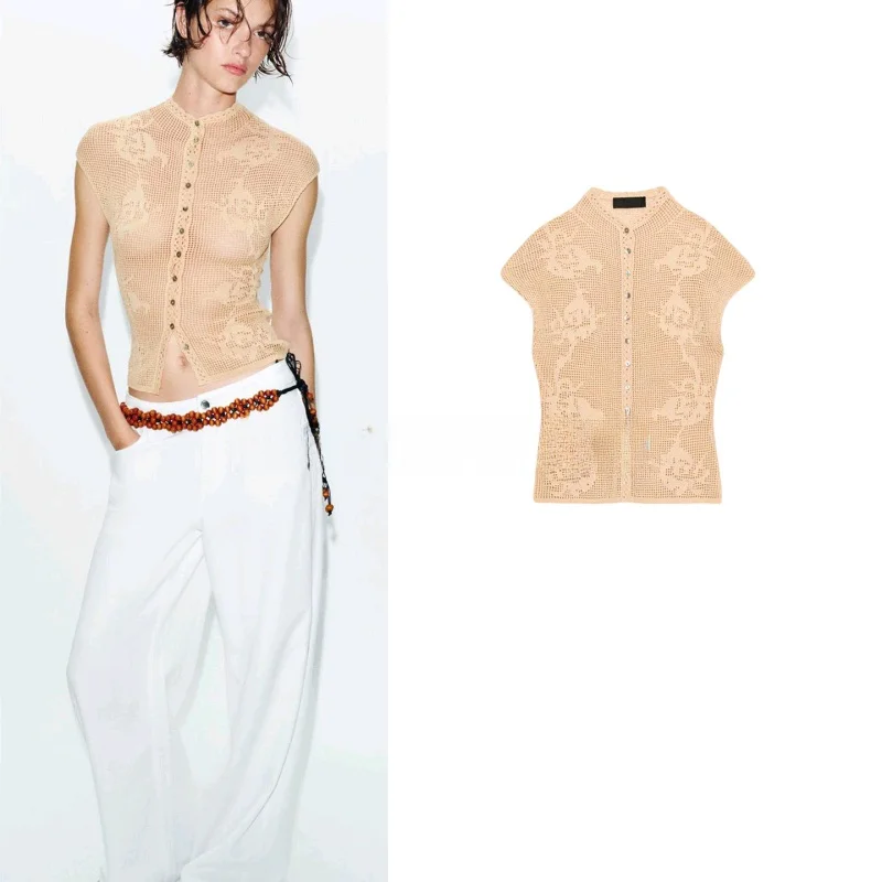 Summer 2026 Women's Thin Knitted Open Cardigan Sleeveless Single Button Hollow Knitted Top Vest Breathable Short Sleeve round...