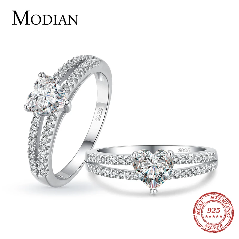 

Modian 2024 Real 925 Sterling Silver Hearts Clear CZ Finger Rings For Women Romantic Double Line Wedding Statement Jewelry Gift