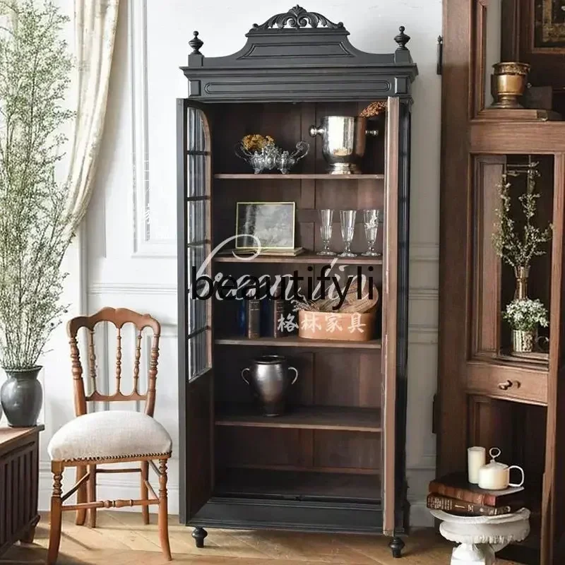 French retro solid wood carving flower wine cabinet American country decorative cabinet storage, display cabinet1225
