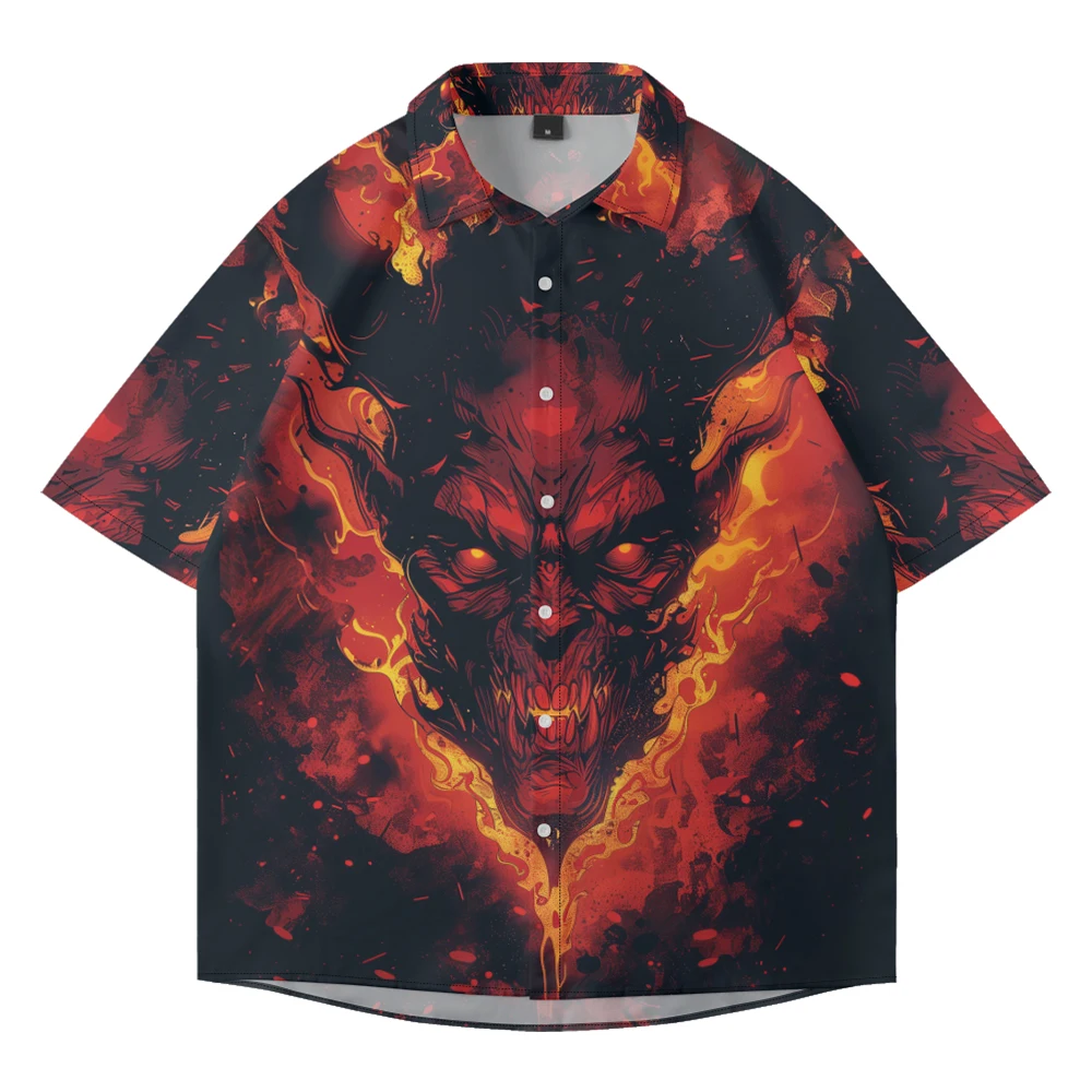 Cool wind flame demon design camicia a maniche corte da uomo estate allentata di grandi dimensioni sottile camicia casual con risvolto top