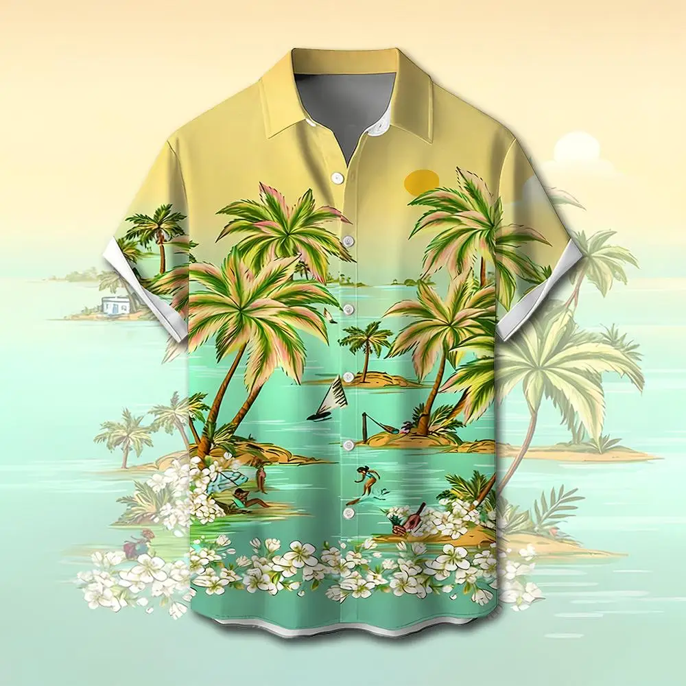 Summer Vacation Casual Hawaiian Shirt Palm Tree 3D Print Beach Shirt Men Women Lightweight Breathable Lapel Collar Button Tops