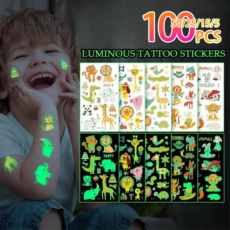 

5-100PCS Glow in The Dark Animal Tattoos for Kids Waterproof Temporary Body Stickers Party Favors Cute Cartoon Face Arm Decals